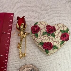 Gold-Tone Red Rosebud Brooch & Heart shaped with small roses